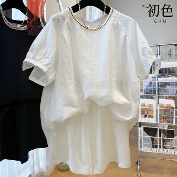 初色 韓系拼接撞色圓領短袖插肩袖亞麻T恤上衣女上衣+純色休閒褲寬褲短褲套裝-共2色-13773(M-2XL可選)