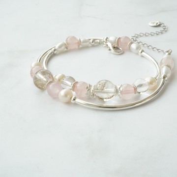 銀髮晶芙蓉粉晶白水晶淡水珍珠925純銀雙鏈