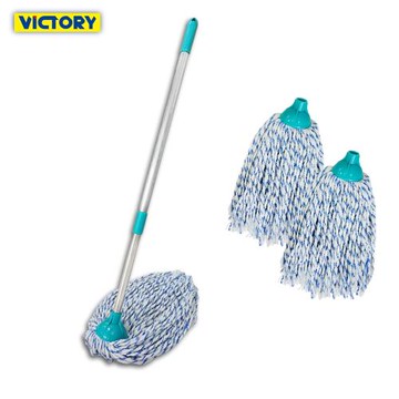 VICTORY-輕量省力伸縮藍白雙拼去汙棉紗拖把-圓(1拖2替換頭)#1025107