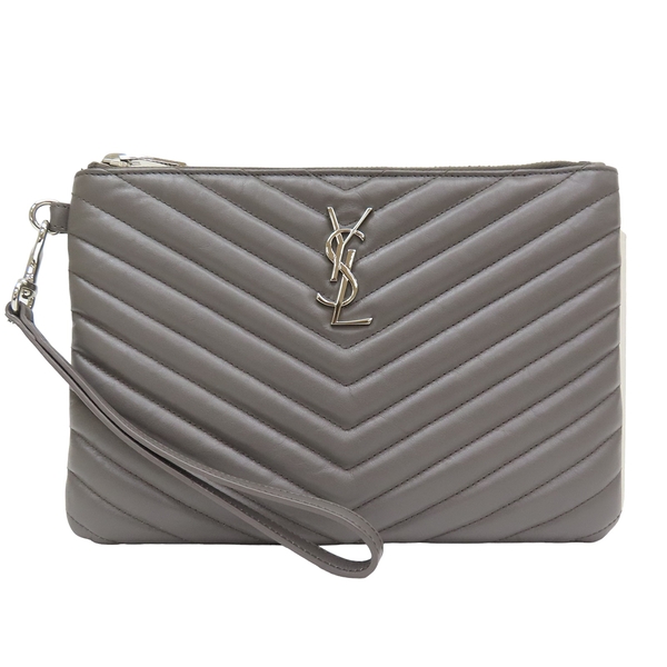 【二手名牌BRAND OFF】SAINT LAURENT YSL 聖羅蘭 灰色 皮革 山型紋 Cassandre Matelasse 手拿包 銀扣