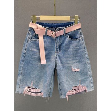 淺藍破洞牛仔五分褲女短褲2024夏裝新款高腰寬松顯瘦ins歐貨馬褲