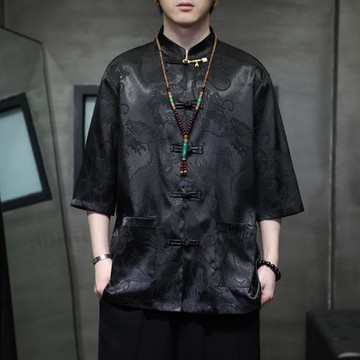 冰絲唐裝男中國風夏季龍紋印花短袖襯衫新中式寬松大碼五分袖襯衣