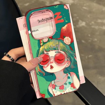 后勤高端&小眾可愛油畫墨鏡女孩新款個性適用于iphone16 pro max手機殼蘋果15/14/13/12透明防摔全包創意簡約