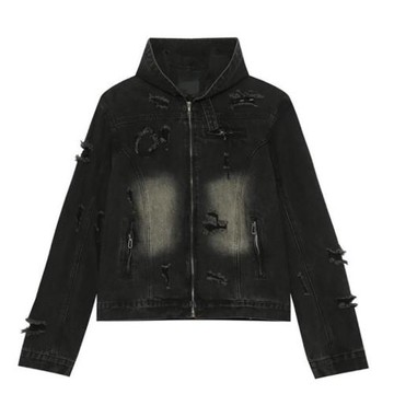 跨境美式街頭復古做舊破洞連帽痞帥水洗牛仔外套男女個性做舊夾克