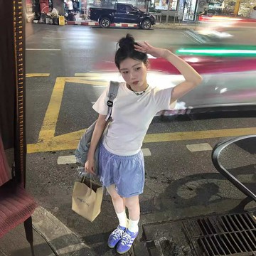 🚀台灣出貨虧本衝評🚀日本🇯🇵 原創美式條紋休閑藍色刺繡短褲女透氣速幹抽繩辣妹運動闊腿沙灘褲