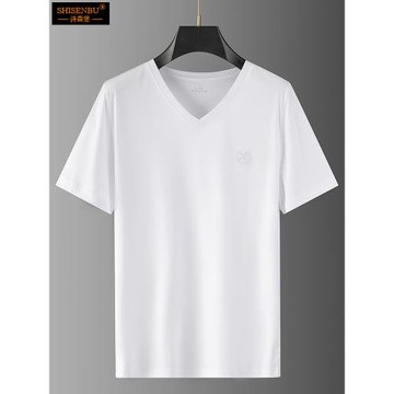 (免運)5A抑菌冰絲短袖t恤男士V領純棉夏季薄款上衣80支絲光棉半袖體恤衫