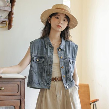 復古港味休閑短款牛仔馬甲外套女秋季新款無袖坎肩百搭上衣馬夾潮