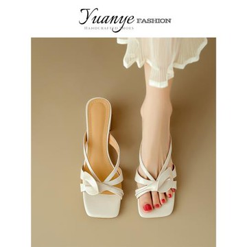 原野Yuanye●夏日抹茶！法式拼色花朵露趾粗跟拖鞋女夏季外穿涼拖