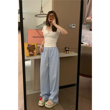 VASSE空氣感舒適褲 顯瘦松緊小個子抽繩豎條紋百搭直筒休閑褲子薄