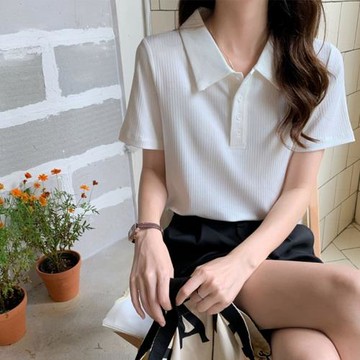 短袖正肩T恤女夏新款寬松顯瘦休閑百搭翻領白色氣質polo衫上衣薄