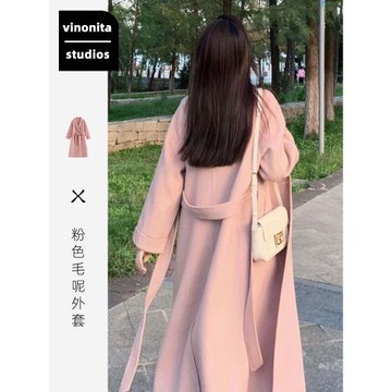 vinonita高端小香風粉色毛呢大衣外套女秋冬高級感韓系慵懶風加厚