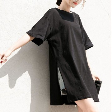 胖MM開叉短袖t恤女2026夏季新款韓版寬鬆大碼中長款半袖體恤上衣