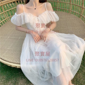 細肩帶洋裝吊帶網紗連衣裙沙灘裙海邊度假仙女裙溫柔長款超仙夏新款【聚寶屋】
