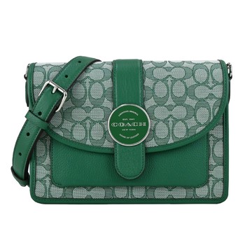 COACH 新款圓扣緹花C拼接皮革翻蓋斜背包(綠)