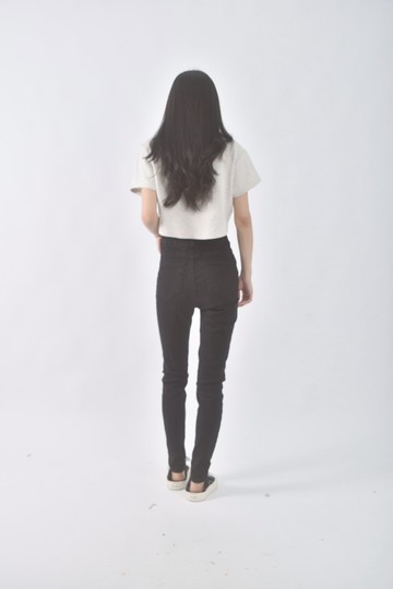 (M) 高腰丹寧牛仔緊身黑色長褲