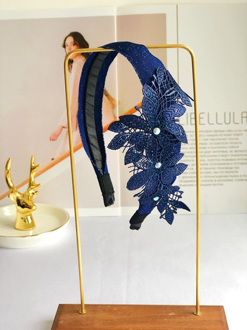 原創藏藍色金絲水溶花朵髮箍