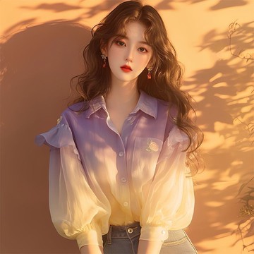 秋季女裝 韓系 溫柔風 高級設計感 顯瘦氣質洋裝 紫色雪纺衬衫 泡泡袖渐变撞色長袖上衣女