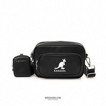 KANGOL 側背包 黑 LOGO 皮革 多夾層 斜背包 包包 6225171620 6225171601