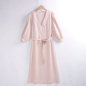 5278長裙 雪紡v領顯瘦純色飄逸長袖連衣裙 甜美收腰簡約A字裙女裝