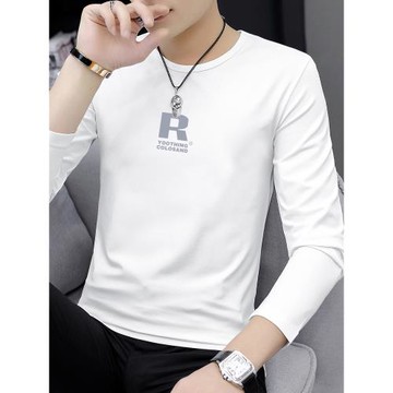 莫代爾長袖t恤男秋季小衫圓領內搭打底衫白色上衣服印花潮流秋衣