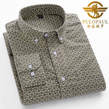 保羅純棉碎花襯衫男士長袖中青年休閑印花牛津紡全棉潮流條紋襯衣