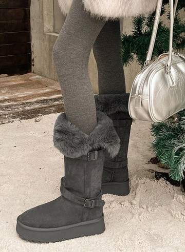 韓國東大門正品  UGG風格 毛絨皮草 暖暖 增高厚底 扣帶 中筒 長靴 雪靴