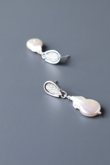 馬蹄造型及特色珍珠耳環-925銀-貝殼-純銀耳針