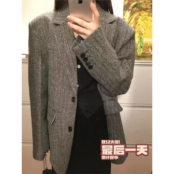 WFYO/粗花呢復古全羊毛西裝外套女寬松人字紋高級感上衣氣質大衣