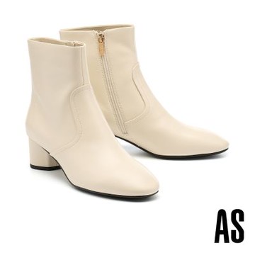 短靴 AS 極簡品味純色全真皮高跟短靴－米