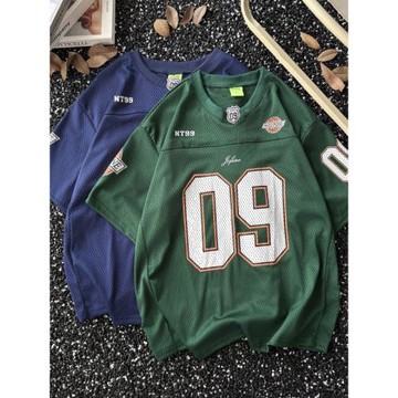 美式復古數字印花V領短袖t恤男夏季網眼運動球衣潮牌速干半袖上衣