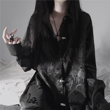 正確版】新中式龍紋提花絲光免燙金屬對扣暗黑禁欲系中性寬松襯衫