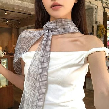 taoye♡ | 韓係 百搭格紋長條絲巾 女夏季 新款時尚 係脖長絲巾 綁帶飄帶 領結