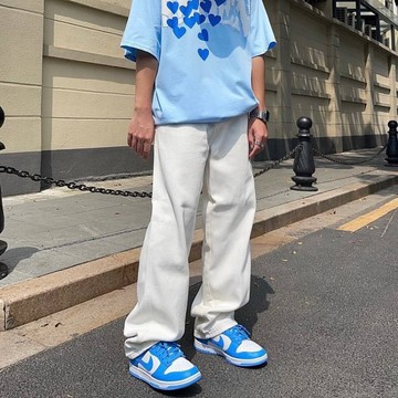 【PORY STORE】韓版 直筒 白色牛仔褲 落地寬褲 男生長褲 修身 顯瘦 百搭 闊腿褲