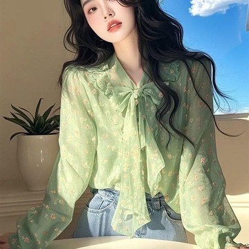 春季2025新款小衫 女裝綠色碎花繫帶襯衫 超好看獨特洋氣設計感小衆