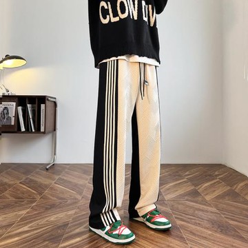 條紋褲子男春秋潮牌高街美式薄款痞帥小眾設計感寬松直筒休閑長褲