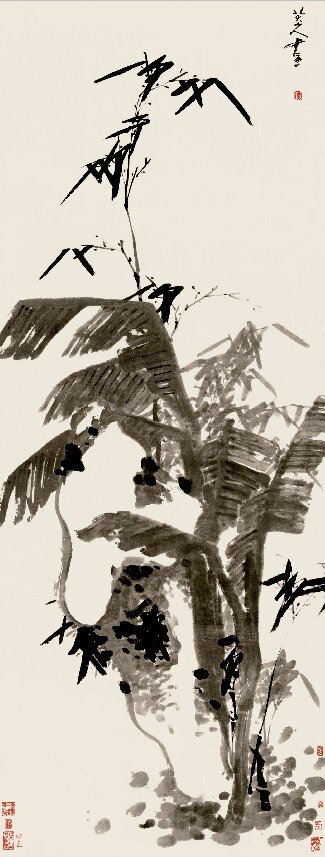 仿古畫 復制 明 八大山人（朱耷） 芭蕉竹石圖 60-157厘米 裝飾