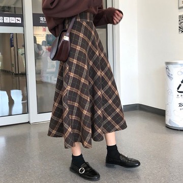 ZUCA”S - 復古毛呢格子高腰A字裙 - DF-709