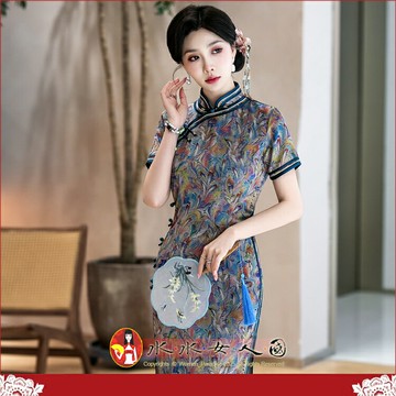 高端絕美印花長旗袍復古中國風修身顯瘦改良時尚優雅氣質短袖名媛洋裝日常宴會派對女士連身裙-濃墨重彩-水水女人國