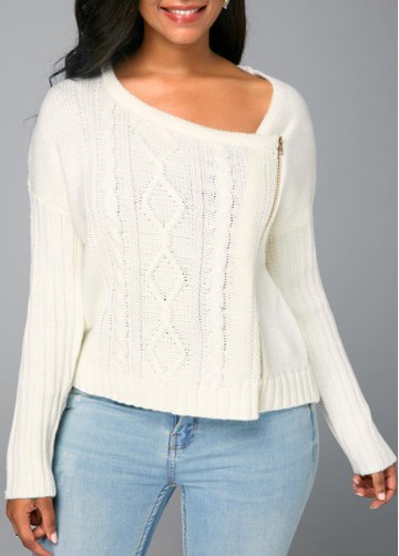 Long Sleeve Beige Zipper Front Knitted Sweater