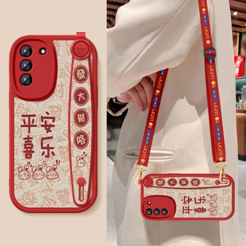 適用三星s21手機殼新款女s21+發大財咯斜挎掛繩腕帶s21ultra小羊皮硅膠軟殼s21fe全包防摔保護套紅色背帶外殼