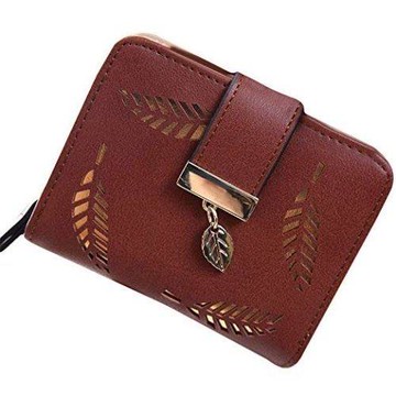 Love 21 2019女時尚空心葉紋雙折棕褐色皮革錢包