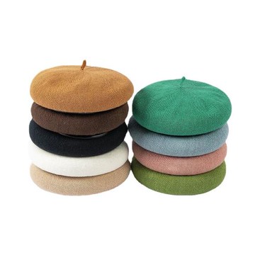 兒童韓版防曬新款時尚pu皮包邊可調節亞麻針織透氣貝雷帽畫家帽潮