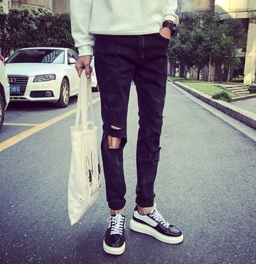 【JP.美日韓】 韓國窄版 牛仔 破褲 刀割 破壞 大破 slp gd 膝蓋 破褲 GD權志龍 李敏鎬 多破洞