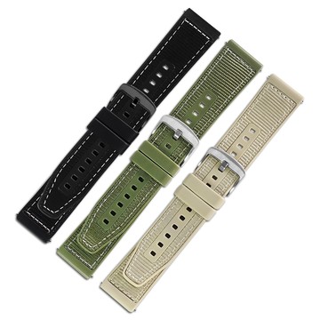 Watchband / 22mm / 各品牌通用 快拆型 尼龍表層 矽膠錶帶 綠/黑/亞麻白色 ＃864-SR001