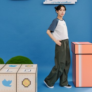 【Dailo】棉質壓褶降落傘長褲 黑 駝 灰