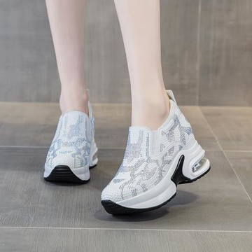 滿水鉆內增高女鞋9cm 新款休閑一腳蹬小白鞋厚底高坡跟懶人樂福鞋