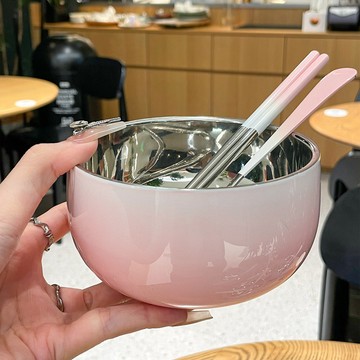不鏽鋼餐碗 不鏽鋼碗 不鏽鋼碗公 飯碗 304食品級 碗 附蓋 雙層 防燙碗 高顏值漸變色 湯勺