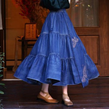 【米蘭精品】現貨+預購 新中式半身裙長裙高腰裙-蝴蝶刺繡蛋糕裙牛仔女裙子74ku17