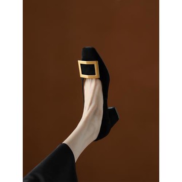 首爾高定 法式方扣粗跟高跟鞋女2023春夏新款絨面方頭淺口小單鞋