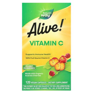 Nature's Way, Alive!®，維生素 C，500 毫克，120 粒全素膠囊（每粒膠囊 125 毫克）